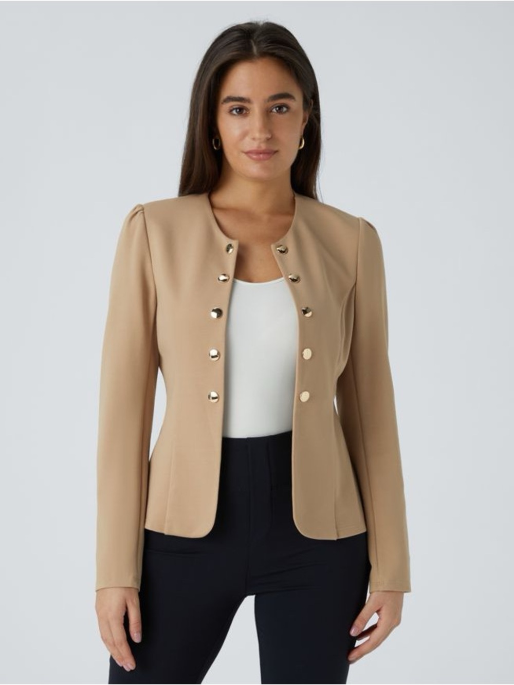 NWT- HALARA Round Neck Decorative Button Tan Work Blazer